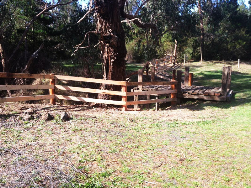 Hardwood post and 3 timber rail fences. Iron bark posts and messmate rails with railway sleeper walkway to dam2